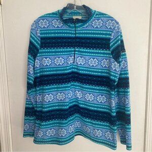 Vintage L.L Bean Womens Blue Winter Striped Quarter Zip Fleece Pull-Over Sweater